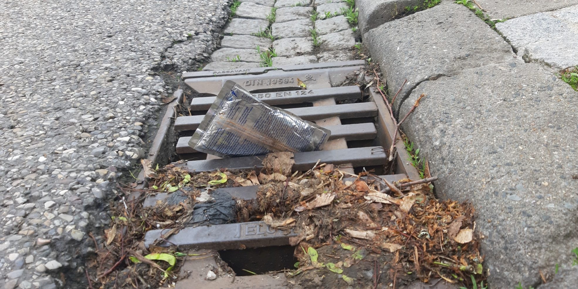 Eine leere Getränkeverpackung ist im Rinnstein in einen Gully gespült worden. Foto: Anne Schmitt / Flussparadies Franken