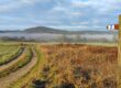 Naturnaher Flurweg zwischen Kemmern und Hallstadt im Maintal mit Blick auf die Haßberge im Nebel und Wegweiser des Sieben-Flüsse-Wanderwegs. Foto: A. Schmitt.